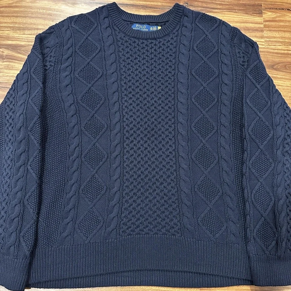 Polo Ralph Lauren Sweater Mens 2XL Blue Cable Knit Heavyweight Cotton Crewneck
